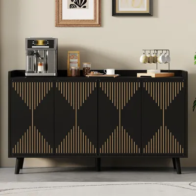 Produktbild von Flieks Sideboard mit 4 Türen und verstellbaren Einlegeböden, Standschrank für Esszimmer und Wohnzimmer, Aufbewahrungsschrank 140x40x84cm, Schwarz