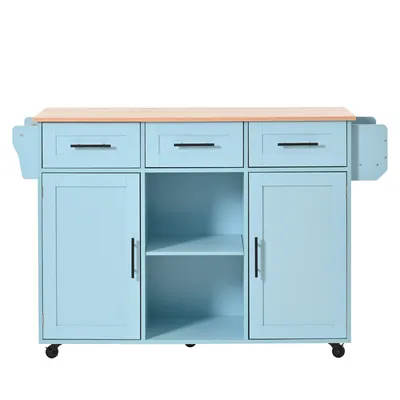 Produktbild von Merax Küchenwagen mit erweiterbarer Arbeitsplatte,Kücheninsel mit 3 Schubladen, Servierwagen Küchenschrank Küchentrolley, 139x46(71)x91,5 cm, Blau