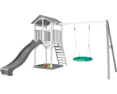 Obrázok produktu pre AXI Beach Tower drevená hracia veža v bielej a sivej farbe | Domček na hranie pre deti so sivou šmykľavkou, hojdačkou a pieskoviskom | Domček na koly do záhrady
