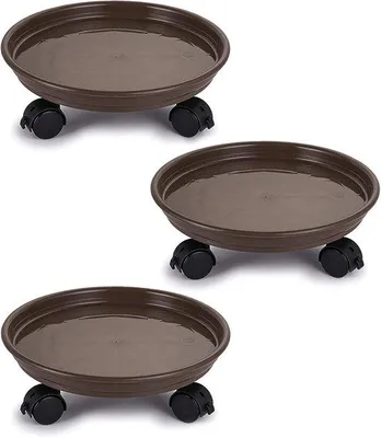 Produktbild von Ibenzoa® Pflanzenroller-Set – 3 verstellbare Rolluntersetzer mit Hartgummi-Rädern, robustes Kunststoff, Braun, für Blumentöpfe, Garten & Balkon