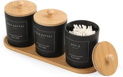 Productafbeelding van Qtip Houder Set - Wattenstaafje Dispenser - Badkamer Organiseren - Met Dienblad - 3 Stuks - Zwart