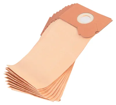 A stack of tan-colored vacuum cleaner bags is shown against a white background.