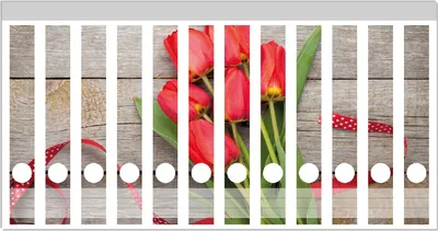 Produktbild von Wallario Ordnerrücken Sticker, selbstklebend für schmale Ordner, 12 Stück, Motiv Rote Tulpen auf einem alten Holztisch