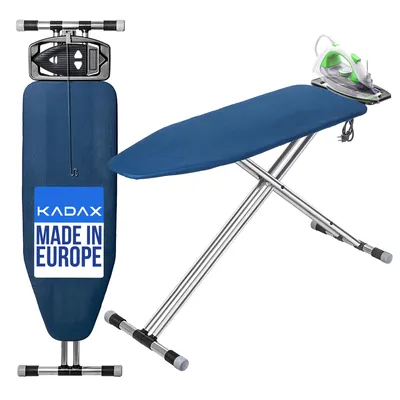 A blue ironing board with a silver frame and an iron on top, shown in two different positions against a white background.