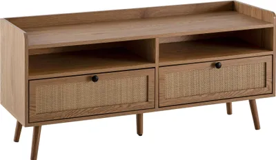 Produktbild von WOHNLING Lowboard 120x56x39 cm TV-Kommode mit Eiche-Nachbildung & Rattan TV-Schrank Hoch mit Schubladen Fernsehtisch Fernsehschrank Stauraum Fernsehkommode