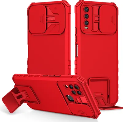 Produktbild von VIVO Y20 Hülle, Dual Layer Ständer Schutzhülle mit Schiebe Kamera Schutz für VIVO Y20 Rot