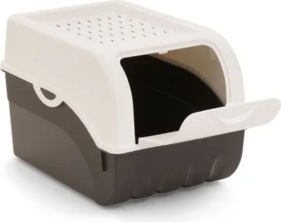 A two-tone plastic litter box with a hinged lid and a perforated top.