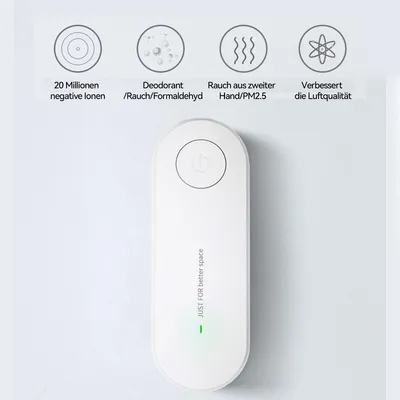 A white air purifier with icons and text describing its features.