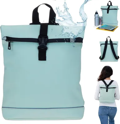 A collage of images showing a mint green rucksack from different angles, including one of a woman wearing it.