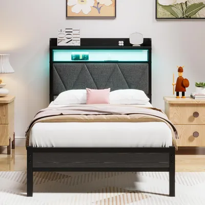 Metallbett 90x200 cm mit Kopfteil, USB & LED, schwarz