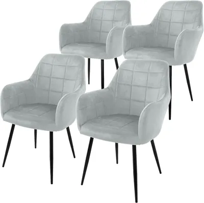 Productafbeelding van Eetkamerstoelen Eetkamerstoel met rugleuning - Set van 4 - Armleuningen Grijze Fluwelen Zitting Metalen Poten