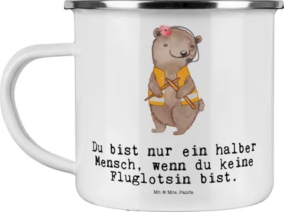 Produktbild von Mr. & Mrs. Panda Pott Fluglotsin Herz - Weiß - Geschenk, Emaille Becher, Spruch, Ausbildung, Kaffeepott, Beruf, wandertasse, Witzig, Lustig, Tasse