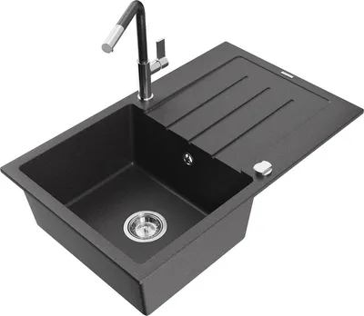 Produktbild von Mexen Bruno 1 Becken-Granitspüle mit Abtropffläche und Mischbatterie Flora, Schwarz gesprenkelt - 6513-76-670401-08