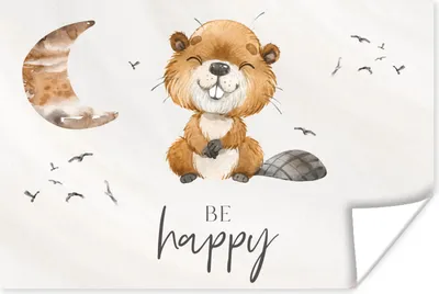 Produktbild von MuchoWow® Poster Zitate - Glücklich sein - Kinder - Mond - Biber - Aquarell 60x40 cm - Schlafzimmerdekoration