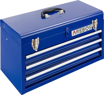 Zdjęcie produktu dla Skrzynka narzędziowa AREBOS® Blue | Walizka z 3 szufladami, przegródkami i uchwytem