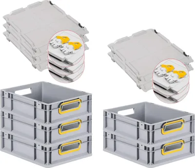 Produktbild von SuperSparSet 5x Eurobox NextGen Color mit Scharnierdeckel und Schiebeschnappverschlüssen | HxBxT 12x30x40cm | 11 Liter | Grau | Griffe gelb offen | Glatter Boden | Eurobehälter, Transportbox, Transportbehälter, Stapelbehälter