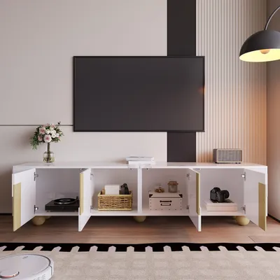 Immagine prodotto di MODFU Mobile TV con spazio contenitivo, 4 ante, design elegante con gambe in legno e superficie effetto marmo, MDF, bianco, 180x40x44 cm