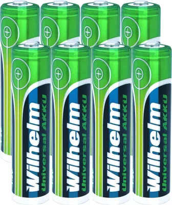 A group of AAA batteries arranged in two rows.