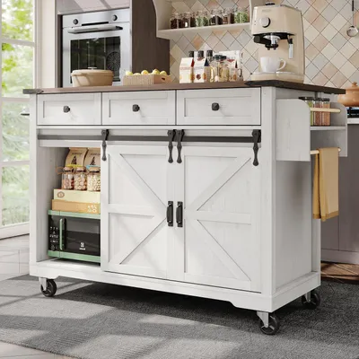 Image de Îlot de cuisine mobile avec plateau de travail extensible sur roulettes, couleur beige, dimensions : 140 x 45 x 94 cm