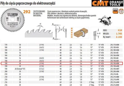 Zdjęcie produktu dla Piła Do Cięcia Poprzecznego, Obróbka Wykańczająca Hm 190X30X2,6/1,6 Z=40