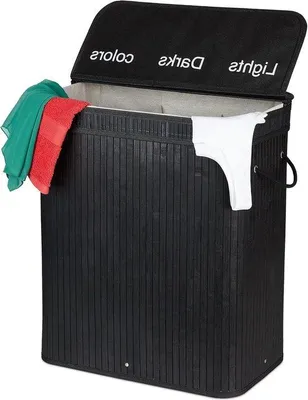 Immagine prodotto di Cesto per la biancheria in bambù a 3 scomparti 30 L - coperchio - manici - nero - HBT 63 x 55 x 35 cm Cesto per la biancheria a 3 scomparti
