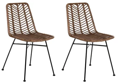 Produktbild von BELIANI Esszimmerstuhl 2er Set Braun Rattan mit Rückenlehne Metallbeinen ohne Armlehnen Wohnzimmer Essbereich Gästezimmer Stuhlset Küchenstühle