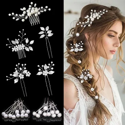 Produktbild von 23 Haarspangen und 2 Brauthaarteile mit Perlen, Kristallblumen und Haarkamm für Frauen und Mädchen