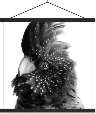 Produktbild von MuchoWow® Textilposter Nahaufnahme eines Kakadus vor einem rosa Hintergrund - schwarz und weiß 120x120 cm mit schwarzem Rahmen - Aufhängungsset