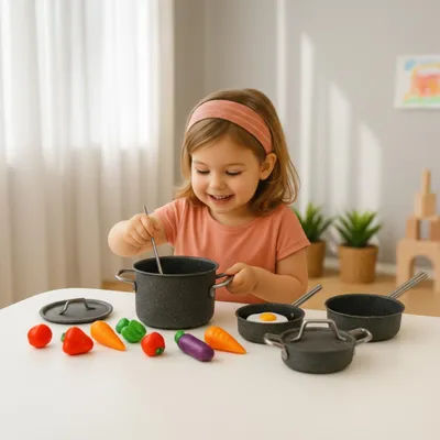 Produktbild von Kinder Topfset 6-teilig – Spielzeug Küchen Set aus Granitbeschichtung (PTFE) – Kinderküche Zubehör, Metall Kochtopf Set für Rollenspiel