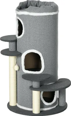 Produktbild von Kratzbaum Kratztonne, 2 Katzenhöhlen, 4 Liegeflächen, 4 Kratzpfosten, 57 cm x 57 cm x 99 cm, Grau + Weiß