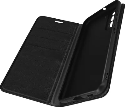A black leather phone case is shown open, displaying its interior and card slots.