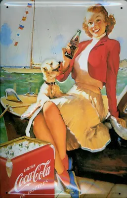 Produktbild von Blechschild Coca Cola Coke Boot Mädchen mit Hund Schild retro Werbeschild