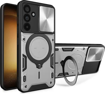 Obrázek produktu pro Pouzdro pro Samsung Galaxy M55 dvojvrstvé odolné pouzdro s ochranným krytem kamery a kruhovým stojánkem na prsten Stříbro