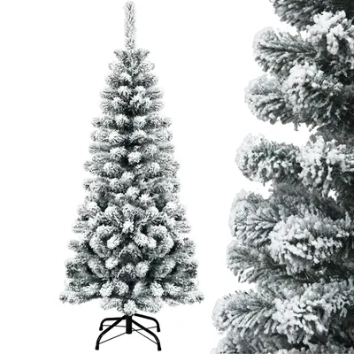 A full shot of a flocked artificial Christmas tree on a white background, with a close-up detail of the tree branches on the right.