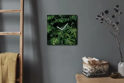 Produktbild von Coloray Hodiny Unikátní 30x30 cm  Tiché hodiny Pro obývací pokoj a kuchyň Nástěnné hodiny Plátno Bílé ručičky hodin - tropické listy