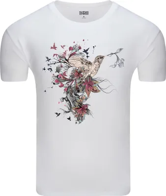 Produktbild von Diarbo Herren T-Shirt mit Abstraktem Druck Kolibri mit Lilie Weiß Gr.XXXL