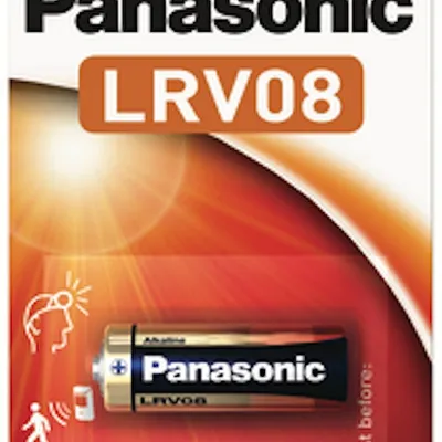 A package of Panasonic LRV08 alkaline batteries, with a single battery prominently displayed.