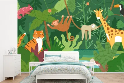 Produktbild von MuchoWow® Fototapete für Wohnzimmer oder Schlafzimmer Wandtapete Vinyl Motivtapete Dschungel - Tiere - Natur - 420x280 cm - Zimmer für Kinder