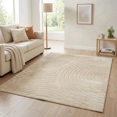 Produktbild von Teppich Kurzflor Wohnzimmer - 160x230 cm in Beige - Geometrisches Wellen-Muster in 3D-Optik