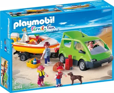 Playmobil family van with boat trailer on a beach.