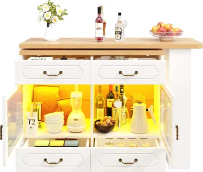 Zdjęcie produktu dla Rozkładany stół barowy Sweiko z miejscem do przechowywania (135-203×39×92,8 cm), stół jadalniany obracany o 360°, odpowiedni do sypialni, salonu, jadalni, teleskopowy stół barowy z LED, wysoki stół wyspa kuchenna, biały