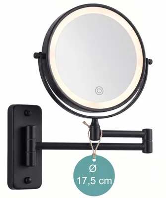Obrázok produktu pre Nástenné kozmetické zrkadlo Relaxdays, s LED osvetlením, 10-násobné zväčšenie, otočné o 360°, Ø 17,5 cm, kov, akumulátor s USB, čierne