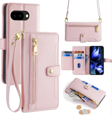 Produktbild von Handykette für Google Pixel 9A mit Band Handyhülle Kartenfächer Kunstleder Umhängetasche in Rosa