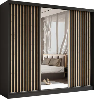 Produktbild von Masseno Schiebetürenschrank LAMELLO 240 cm Kleiderschrank Schlafzimmer Schrank 3-türig mit Spiegel und Lamellen Schwarz