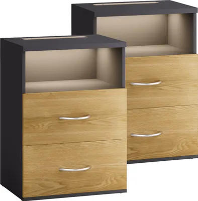 Image de CASARIA® 2x Table de nuit avec éclairage LED Touch Bois Gris 40x28x55cm en Bois 2 tiroirs Table de chevet Chambre à coucher