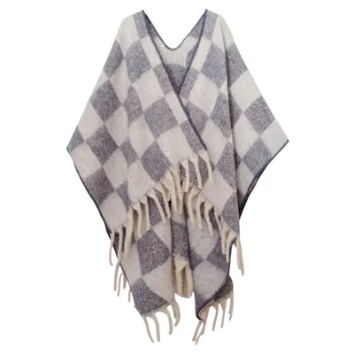 Produktbild von Winter Schal Damen, Warm Übergroße Schal mit Quasten, Karierte Schals, Elegant Poncho, 165x125cm, Blau
