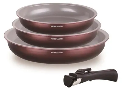 Produktbild von ARTHUR MARTIN Pfannen-Set 3-teilig mit Antihaftbeschichtung, 20/24/28 cm, Aluminium, abnehmbarer Metallgriff