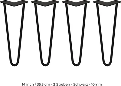 Image de SKISKI Legs 4 x 2 pieds en épingle à cheveux Pieds de table Pieds de meubles Pieds de chaise Pieds de meubles Pieds de table en épingle à cheveux 35,5 cm H 12 mm D acier thermolaqué - Noir