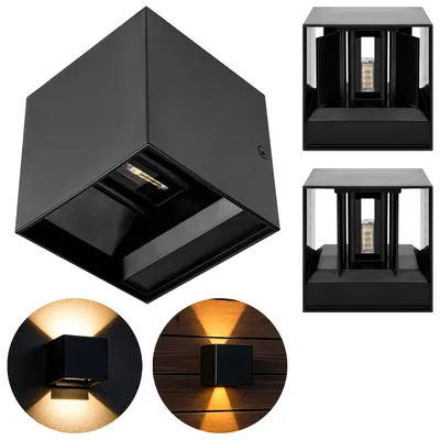 A collage of images showing a black cube-shaped outdoor wall light from different angles and in different lighting conditions.