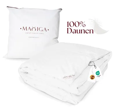A folded white duvet and a white pillow in its packaging are displayed against a white background, with marketing text overlayed.